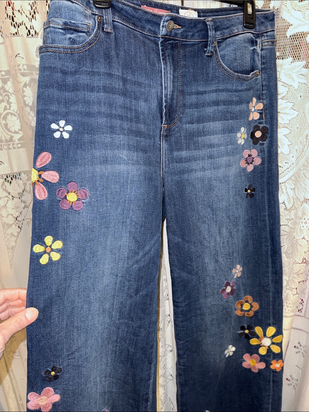 DRIFTWOOD Carlie Dark Blue Floral Embroidered Wide-Leg Jeans - Picture 7 of 7